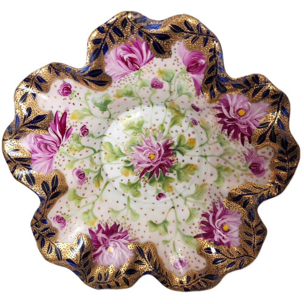 Antique 3 Footed Moriage Floral Nippon Hand Painted Nut Bowl w/Gold Leaf Detail